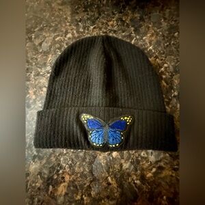 Black Beanie with Blue Butterfly Patch